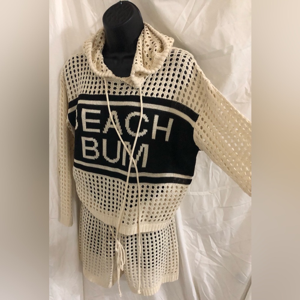 2piece Cream crochet mesh style Beach bum hoodie shorts beach cover up set‎ new